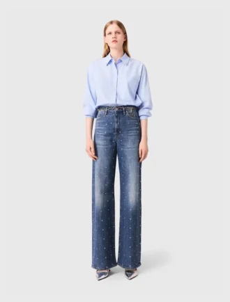 Denimjeans met wijde pijpen en studs