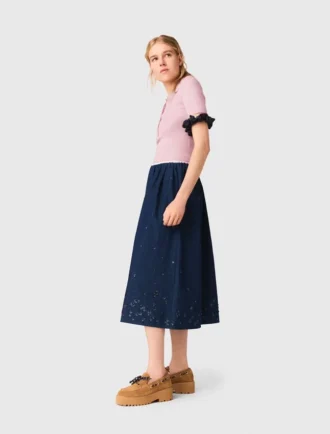 Geborduurde denim midirok