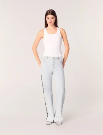 Wijd uitlopende jeans met strass-uitsnijding